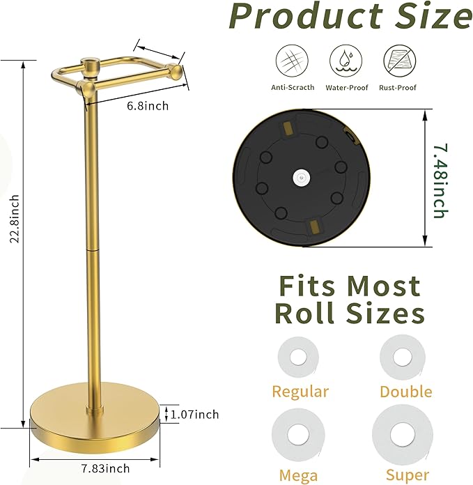 Toilet Paper Holder Stand, Modern Bathroom Free Standing Toilet Paper Roll Holder, Post Pivoting Toilet Paper Stand with Stainless Steel Tissue Rack, Rust-Proof & Heavy Stable Base(Brushed Gold)