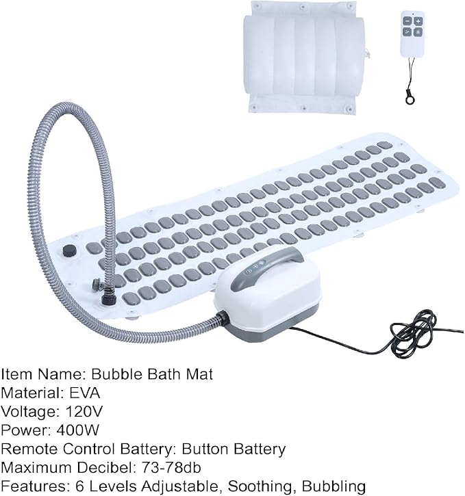 Portable Spa Bubble Bath Mat, Full Body Bubbling Bath Mat with Remote & Pillow, Electric Air Pump & Adjustable Bubble Settings, Bathtub Bubble Machine