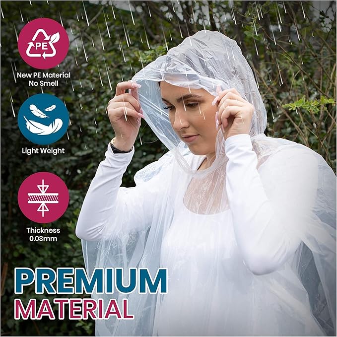 20-Pack Emergency Disposable Rain Ponchos for Adults โ 100% Waterproof with Hood | Clear Lightweight Unisex Raincoats for Camping, Hiking & Travel