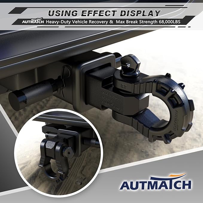 AUTMATCH Shackle Hitch Receiver 2" with 3/4" Mega D Ring Shackle and 5/8" Trailer Hitch Lock Pin, 68,000 Lbs Break Strength Heavy Duty Receiver Towing Kit for Off-Road Vehicle Recovery, Frosted Black
