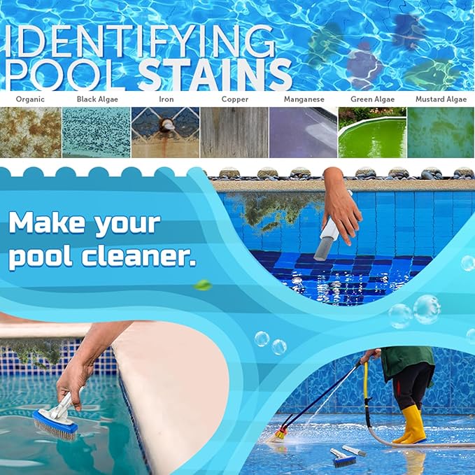 Pool Pumice Stone and 5 inch Stainless Steel Pool Brush Kit with EZ-Clip Handle to Reomve Erase Rust Stain Spot in Concrete Plaster Pool Spa and Calcium Deposit on Pool Tile, BPST01