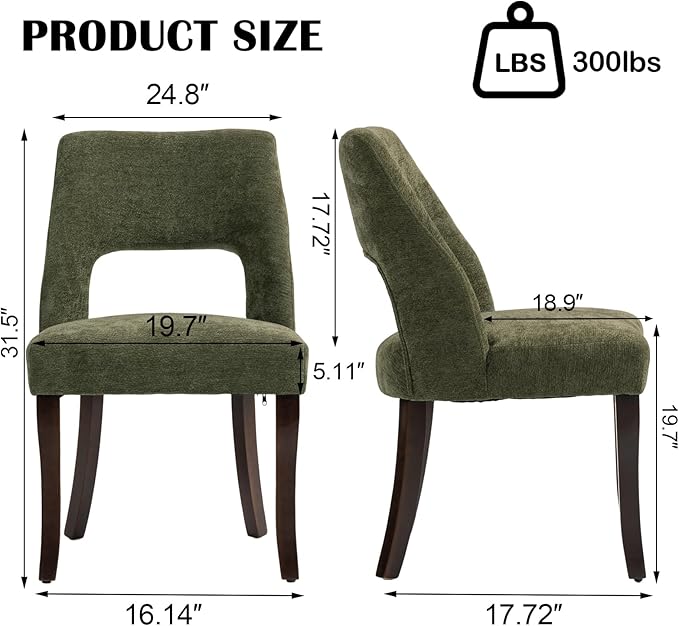 UVV Wooden Dining Chairs Set of 6, Mid Century Modern Chenille Upholstered Dining Room Chair Kitchen Chairs, Farmhouse Dinner Chair with Solid Wood Legs for Kitchen Dining Room, Green-Chenille