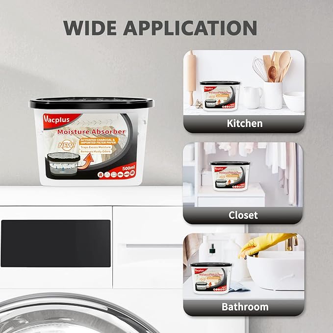 Vacplus Moisture Absorbers 6 Pack, 10.5 Oz Portable Humidity Absorber Boxes for Your Bathroom, Closet & Car, Dehumidifier with Activated Carbonfor, Black