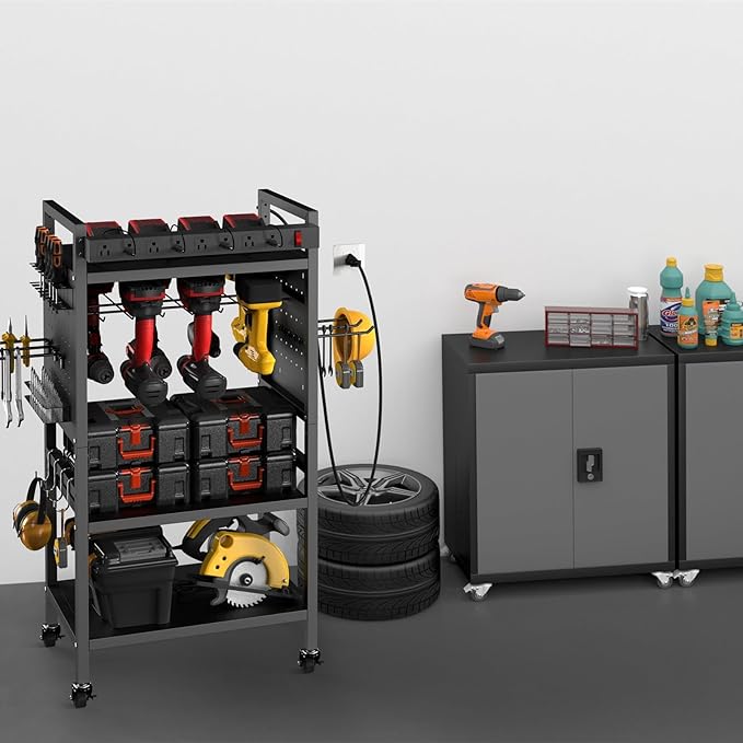 Power Tool Organizer Cart with Charging Station, 4-Tier Rolling Tool Cart for Garage Storage,Heavy-Duty Floor-Standing Storage Rack with 8-Outlet Power Strip,Supports 500 lbs