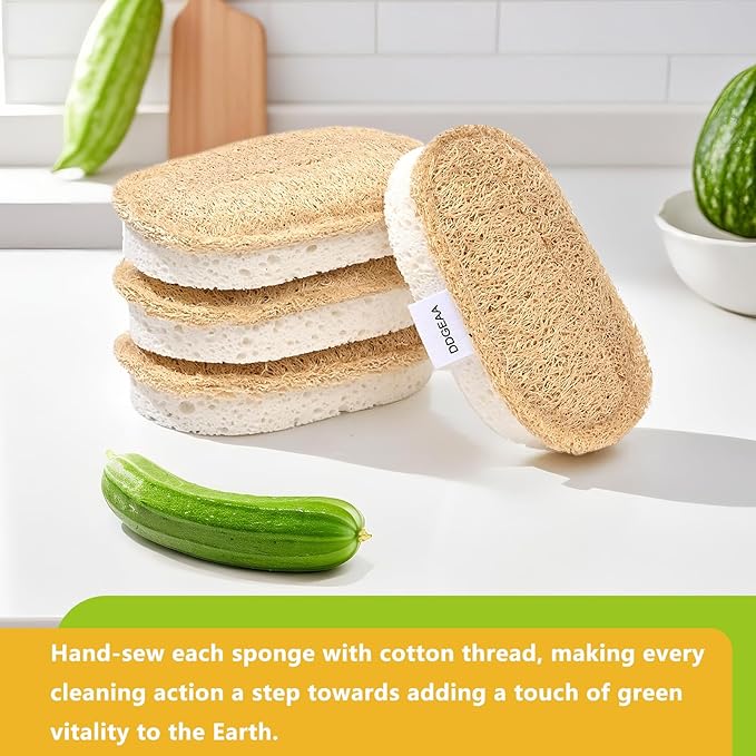 Natural Scrub Sponges Kitchen, Dual-Sided Loofah Dish Sponge - Plastic-Free, Scrubbing Power Without Scratching - 4 Pack White