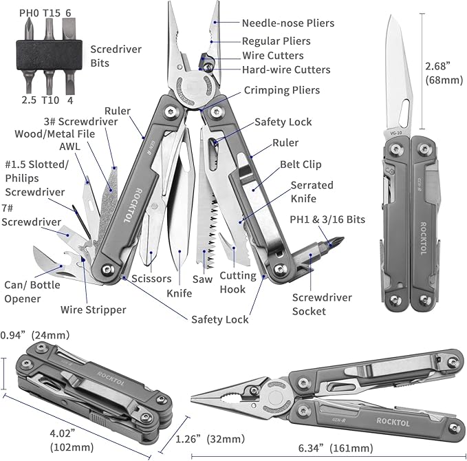 ROCKTOL Multitool Pliers, EDC Multitool Pocket Knife VG10 Blade, 27-in-1 Multi-tool with Titanium-plated Handle, Precision Screwdriver, Gut Hook for Hunting, Backpacking, Hiking, Camping, (Gen-R)