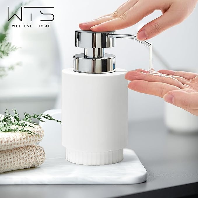 Resin Soap Dispenser for Bathroom, Hand Lotion Liquid Dispenser Easy-to-Press with Reusable Plastic Pump for Shampoo Bathroom Kitchen Countertop Rust-Proof 10 oz White