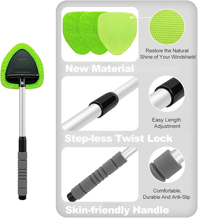 XINDELL Windshield Cleaner Tool – Upgrade Large Head Car Interior&Exterior Window Cleaning Kit with Extendable Handle & 4 Microfiber Pads, Auto Wiper Brush for Car, Trucks, SUVs, RVs & Home Windows