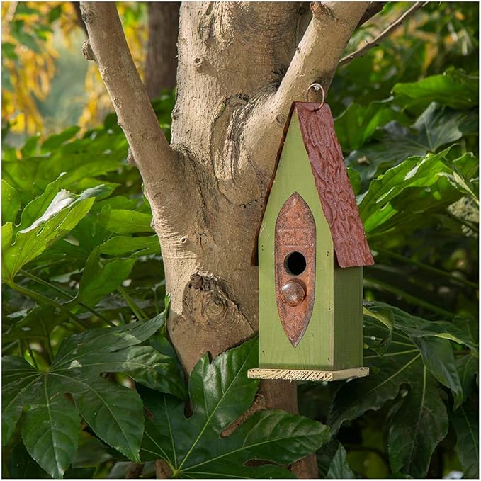 Glitzhome Distressed Green Solid Wood Birdhouse Hand Painted Hanging Bird House for Outdoors 13.25" H