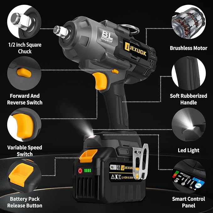 1500Ft-lbs 1/2" Cordless Impact Gun, 2000Nm Impact Wrench with 2 x 6.0Ah Battery & 5 Socket, 21V Brushless High Torque Electric Pistolas de Impacto, Llave de Impacto for Heavy Truck Mower