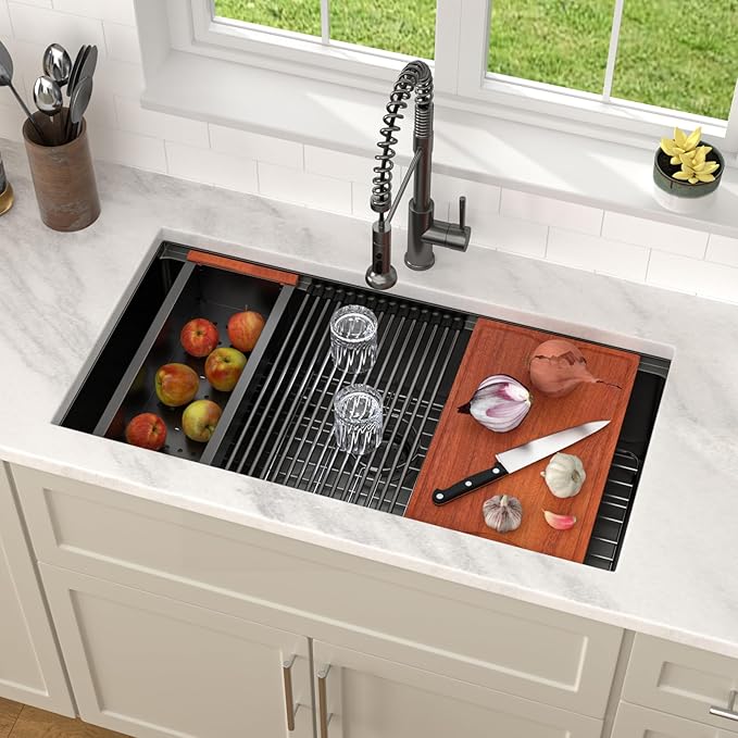 Dcolora 36 in. Black Undermount Kitchen Sink Workstation NANO-PVD Large Black Kitchen Sinks with Ledge Round Corner 16 304 Gauge Stainless Steel Single Bowl Basin, Gunmetal Black,36"x19"x10",DC-U7776