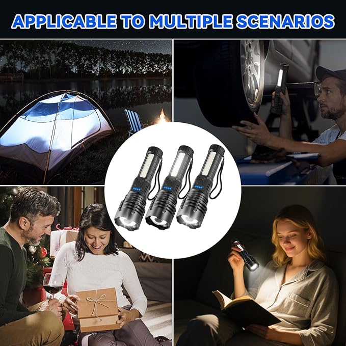 3Pack Rechargeable Flashlights, 7Mode Flashlights High Lumens, Super Bright LED Flashlight, Adjustable Tactical Flash Light, High Powered Flash Light, Handheld Flashlight for Home Emergency Camping