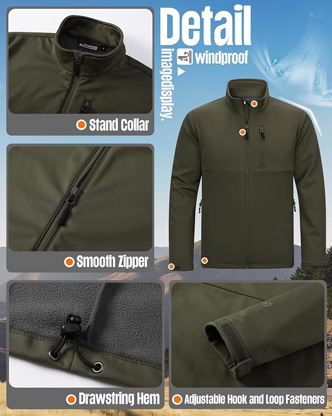 Outdoor Ventures Men's Softshell Jacket Waterproof Fleece Lined Rain Shell Jacket Lightweight Windbreaker for Hiking Travel