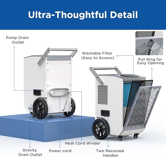 160 Pints Commercial Dehumidifier with Pump and Drain Hose for Basements, Heavy Duty Commercial Grade Dehumidifiers for Large Spaces, Warehouse, Industry Water Damage Unit, Auto Defrost