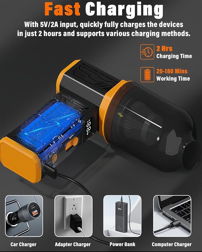 Compressed Air Duster, 130K RPM Powerful Cordless Mini Blower with Display, 10-Gear Adjustable Car Vacuum with Fast Charging, Rechargeable Handheld Vacuum for Home, Outdoor and Car (Black, 2-in-1)