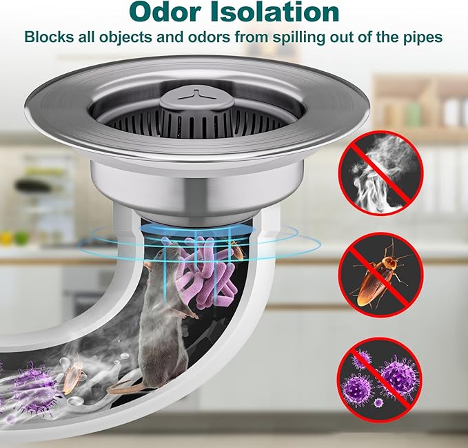 Silicone 3 in 1 Kitchen Sink Drain Strainer and Stopper Combo, 304 Stainless Steel Wraped Shell, Silicone Anti-Clogging Basket Strainer, with Handle for US Standard 3-1/2 Inch Drain