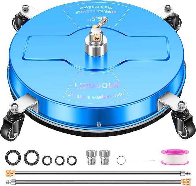 16.5" Pressure Washer Surface Cleaner with 4 Wheels - Coated Blue Stainless Steel Surface Cleaner for Pressure Washer Attachment for Concrete, Driveway, Patio, Sidewalk, Deck and Driveways - PWS165