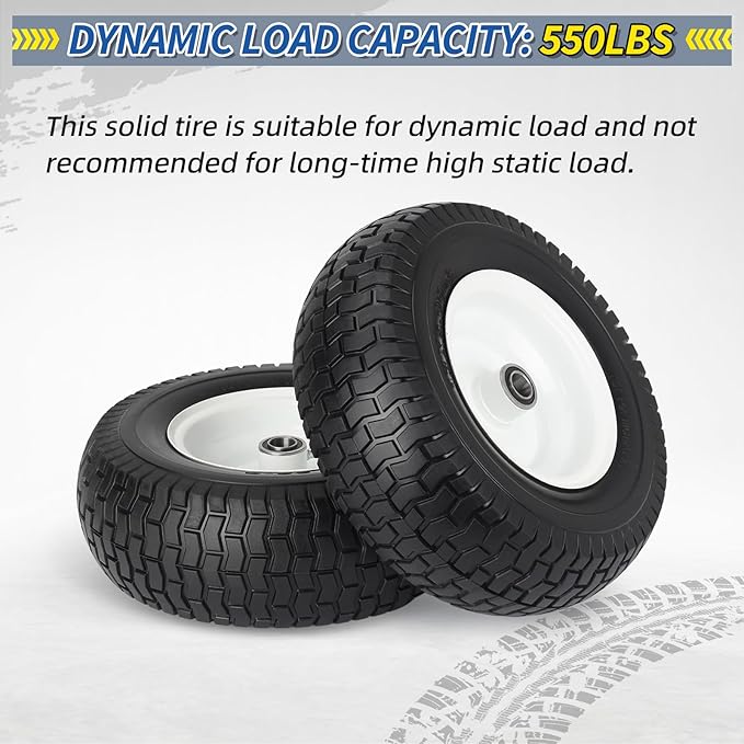 2 Pack, 13x5.00-6 Flat Free Lawn Mower Tire and Wheel, 13x5-6 Riding Lawnmower Tire with 3"-6" Centered Hub and 3/4" & 5/8" Bearings, Tractor Turf Tire Turf-Friendly, 2 Pack