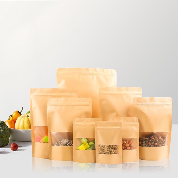 100PCS Kraft Paper Bags with Window(4.7" X 7.9"), Resealable Paper Bags for Food Storage, Stand Up Treat Bag Reusable for Candy, Cookie, Heat Seal Paper Bag for Small Business