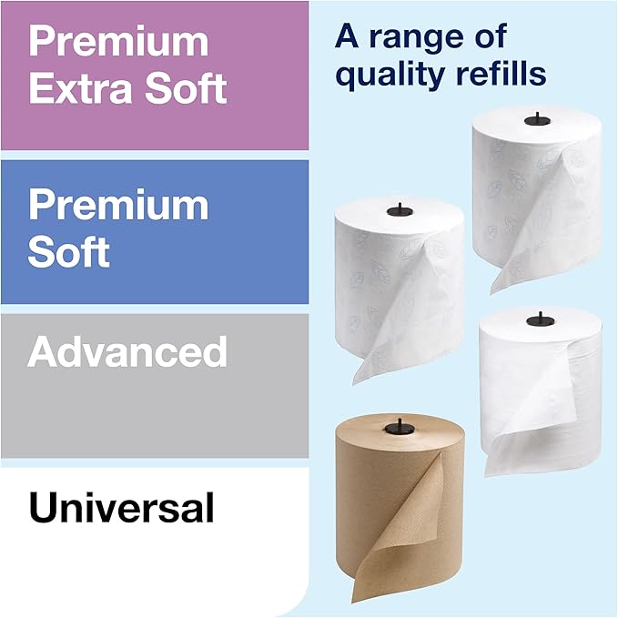Tork Matic Paper Hand Towel Roll White H1, 6 Rolls x 700 ft, 290089 & Tork Matic Hand Towel Roll Dispenser, Black, Elevation, H1, One-at-a-Time dispensing with Refill Level Indicator, 5510282