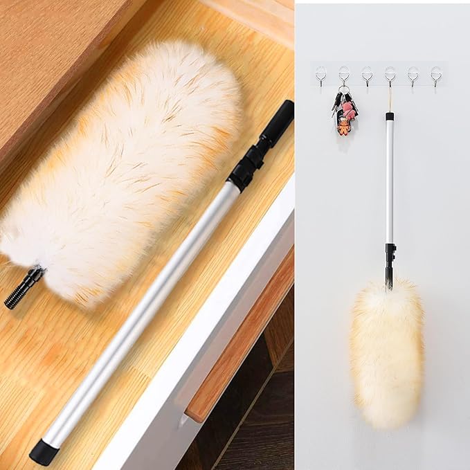 Lambswool Extendable Duster 31-55 Inch | Aluminum Pole with Double-Row Locking Clips | Anti-Static Wool Head for High Ceilings, Fans, Shelves