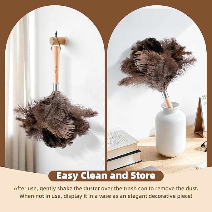 2 PCS Ostrich Feather Dusters with Wooden Handle, 13.5 inch Natural Fluffy Feather Dusters for Dusting Home, Car, Delicate Surfaces, Reusable Soft Cleaning Tools for Ledges, Blinds