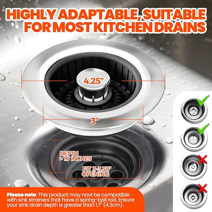 Kitchen Sink Drain Strainer & Sink Stopper, Upgraded Stainless Steel Drain Plug Combo with Anti-Clog Basket, Pop Up Drain Cover for Standard 3-1/2'',Garbage Disposal Parts