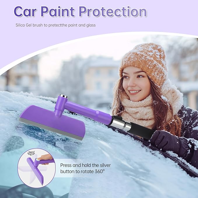 49.2inch Ice Scraper with Snow Brush, Ice Scrapers for Car Windshield,Extendable Snow Removal Tool for Car Window with Foam Grip,360° Silicone Brush Head for Car Auto Truck SUV (Purple)