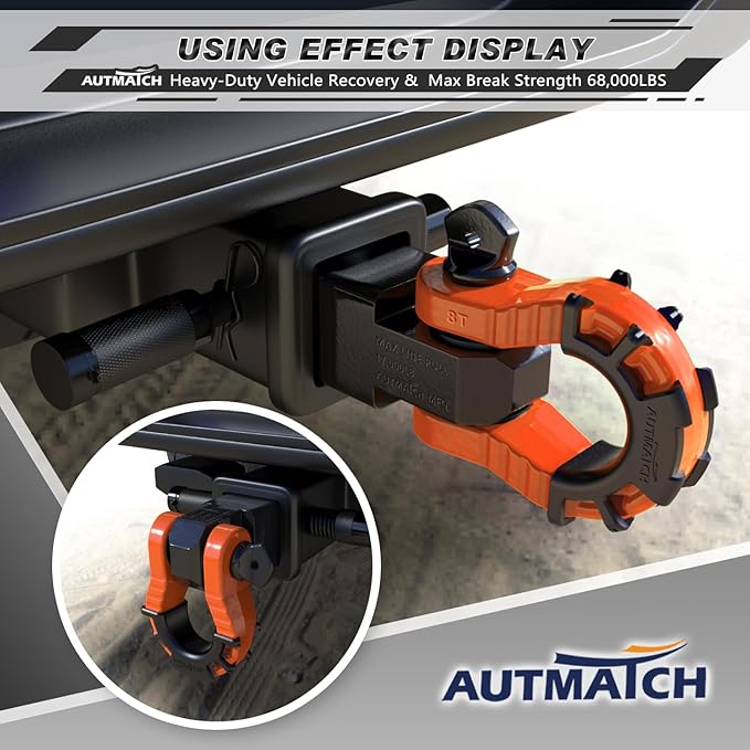AUTMATCH Shackle Hitch Receiver 2" with 3/4" Mega D Ring Shackle and 5/8" Trailer Hitch Lock Pin, 68,000 Lbs Break Strength Heavy Duty Receiver Towing Kit for Off-Road Vehicle Recovery, Orange & Black