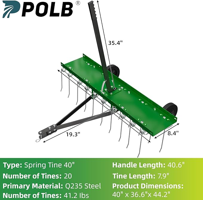 40 Inch Green Tow-Behind Dethatcher with 20 Spring Steel Tines, Pull Dethatcher for Outdoor Yard Care, Garden Farm Grass Tractor Rake to Remove Thatch, Leaves and Needles from Large Lawn Areas
