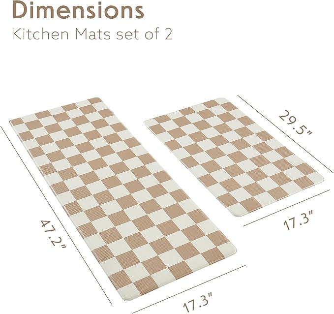 Checkered Kitchen Mats for Floor Set of 2, 2 Pcs Beige Khaki Cushioned Non Slip Runner Rugs for Kitchen/Sink/Laundry, Comfort Aesthetic Cute Anti-Fatigue Foam Floor Mat 17.3"x29.5"+17.3"x47.2"