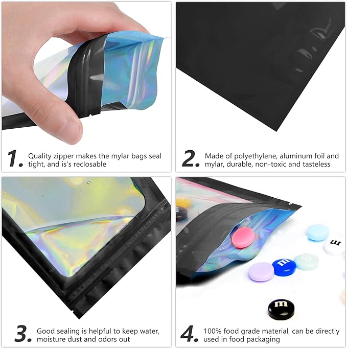 Funfery 100 pcs Black Mylar Holographic Bags Packaging Bags,Clear Resealable Bag Foil Pouch Bag for Food Storage and Lipgloss,Jewelry,Eyelash Packaging for Small Business(2.4x3.9Inch)