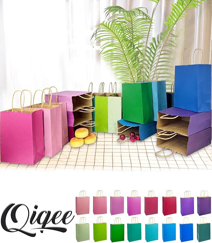 qiqee 32-Packs Paper Bags with Handles Bulk 8.26"×6"×3.15" Small Gift Bags 16 Different Senior Light Color Bags Multiple Uses(Small Size)