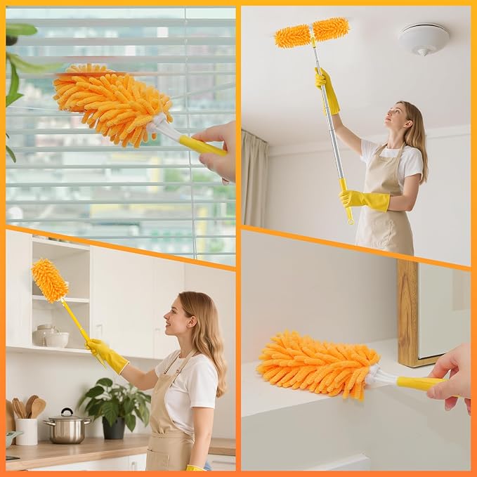 Reusable Duster Refill for Swiffer Duster Refill, 360° Heavy Duty Duster Refills Kit, 5 Pack with 1 Handle Microfiber Ceiling Fan Dusters for Cleaning(Orange, 9PCS)