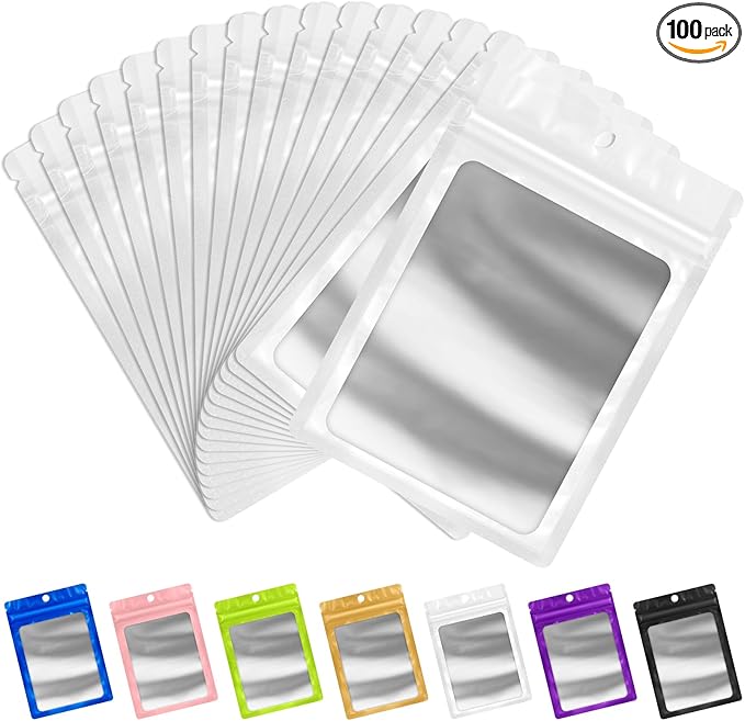 100 Pack Round Corner Smell Proof Packaging Bags (3.5 x 6.3 inch, White)