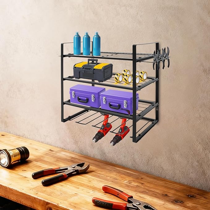 4-Tier Heavy Duty Tool Organizer Rack, Wall Mounted Tool Holder with Hooks, 132 lbs Capacity Carbon Steel Garage Storage Rack for Garages, Workshops, Repair Shops, Black