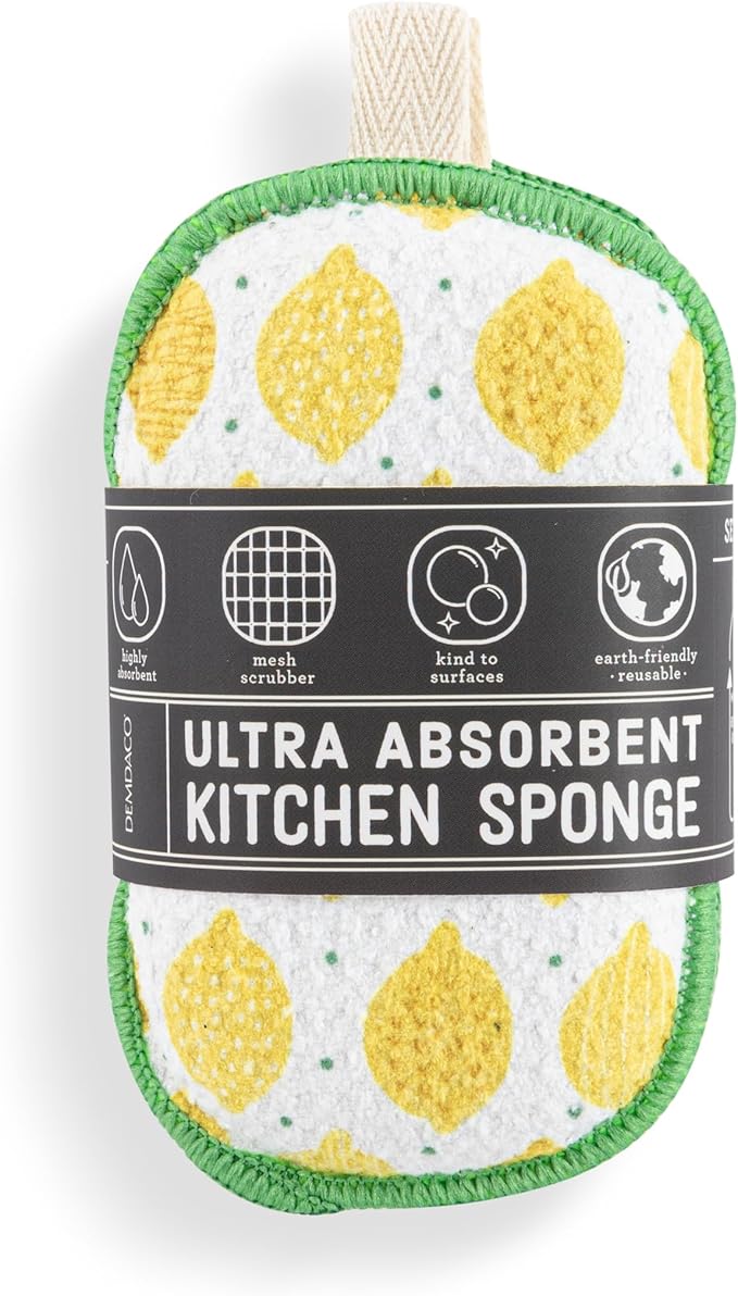 Demdaco Absorbent Reversible Mesh Sponge, Dish Cleaning Supplies, 3 x 5 Inch Polyester, Lemon Pattern - Pack of 2