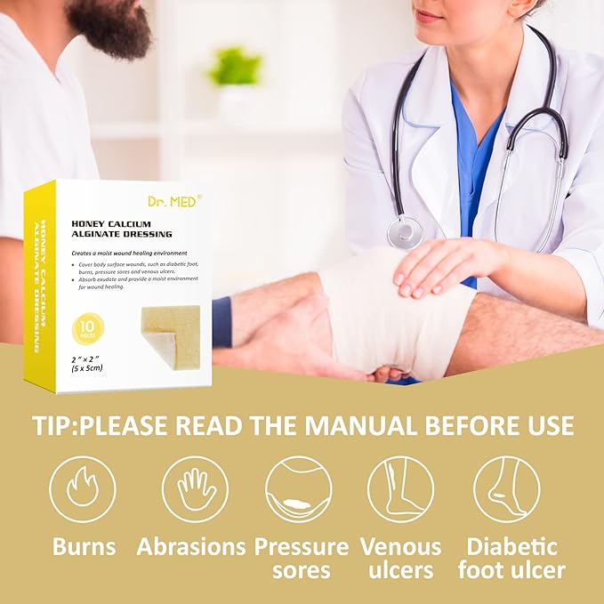 Dr. Med Manuka Honey Calcium Alginate Dressing 2"x2" (10 PCS/Box), Highly Absorbent dressings with Honey for Abrasions, Burns, Diabetic Foot, Pressure Sores and Venous Ulcers Faster Wound Care