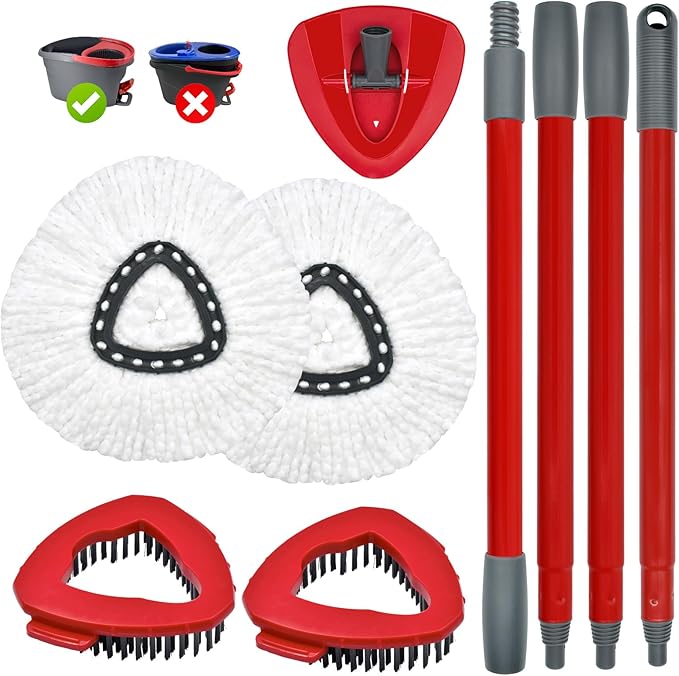 Spin Mop Handle,Mop Replace Heads,Brush and Base Compatible with O Cedar EasyWring 1 Tank,2 Microfiber Mop Refills and Brush,4-Section 30-58" Mop Handle,Mop Base Combo Set for Wet/Dry Floor Cleaning