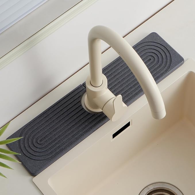 Stone Faucet Mat for Kitchen Sink,Super Absorbent Diatomite Fast Drying Stone and Bathroom Stone Tray for Counter Quick Drying Splash Guard,Prevents Moisture Buildup Sink(Dark Grey,15.8" x 3.9")