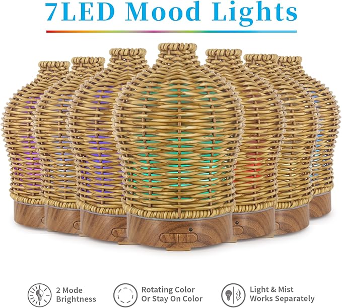 Essential Oil Diffuser - Multifunction Aromatherapy Diffuser 7 LED Color Changing Light 150ML Rattan Diffuser Easy to Clean Suitable for Home,Office(Brown)