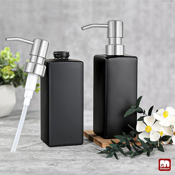 GMISUN Black Soap Dispenser, Hand Soap Dispenser Bathroom, 12 fl oz/350ml Glass Soap Dispensers with Stainless Steel Pump, Refillable Liquid Dish Dispenser for Kitchen, Modern Soap and Lotion Bottles