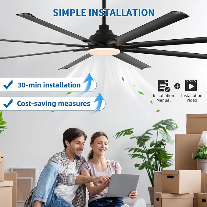 96 Inch Industrial Ceiling Fan with Light and Remote Control,Large Ceiling Fans with 8 Reversible Aluminum Blades, 3CCT, 6-Speed,Commercial Ceiling Fan for Porch/Garage/Shop