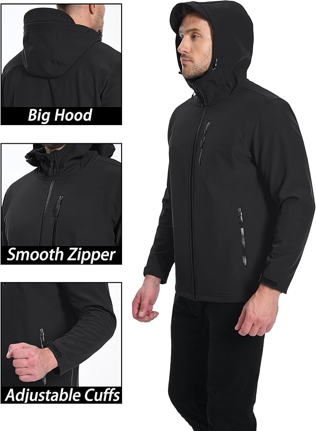 MAGCOMSEN Men's Waterproof Fleece Lined Rain Jacket Lightweight Softshell Raincoat with Hood Winter Hiking Windbreaker