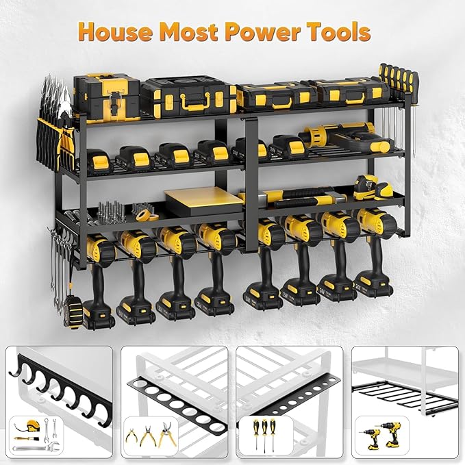 Garage Power Tool Storage System, Wall Mounted Power Tool Storage Organizer, Heavy Duty Power Tool Organizer, Power Tool Rack. Load capacity is 150 lbs, black rust resistant with 8 hooks.