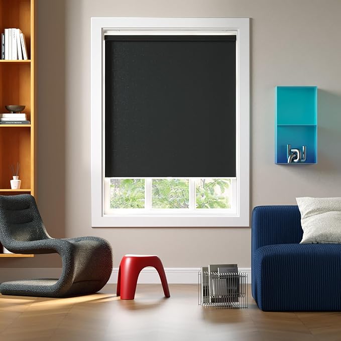 Cordless Roller Shades Blackout Blinds for Windows Room Darkening Rolled Up Shades with Spring System, UV Protection Window Shades Door Blinds for Home and Office (Black, 23" W x 72" H)