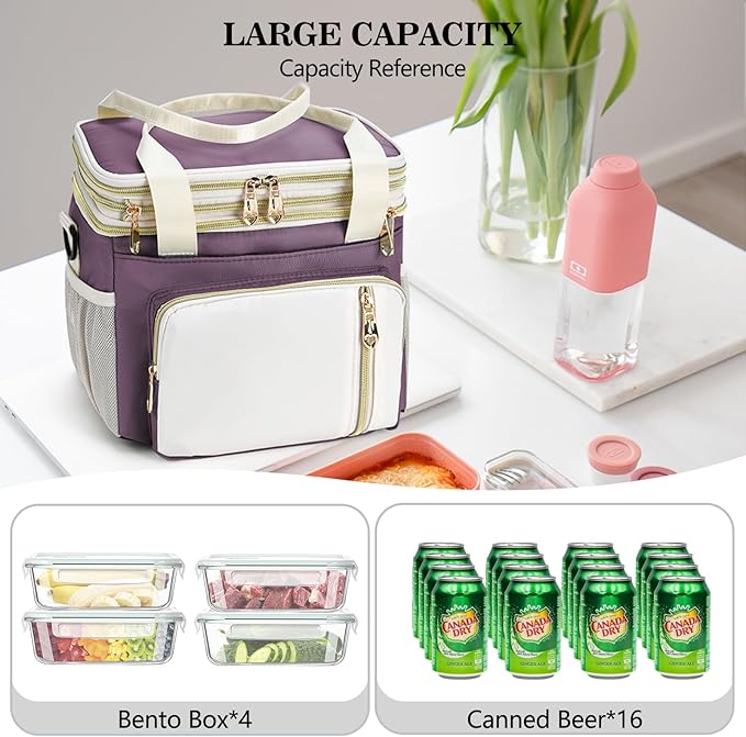 LOKASS Expandable Lunch Box for Women | Adult Lunchbag Cooler Tote Bag with Adjustable Shoulder Strap | Insulated Reusable Womens Lunch Bags for Work Camping Beach | 16L, Dark Pink