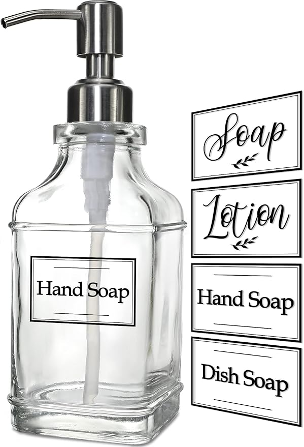 JASAI Antique Design Soap Dispenser with Rust Proof 304 Stainless Steel Pump, Refillable Clear Glass soap Dispenser with 10Pcs Clear Stickers, Premium Kitchen & Bathroom Soap Dispenser