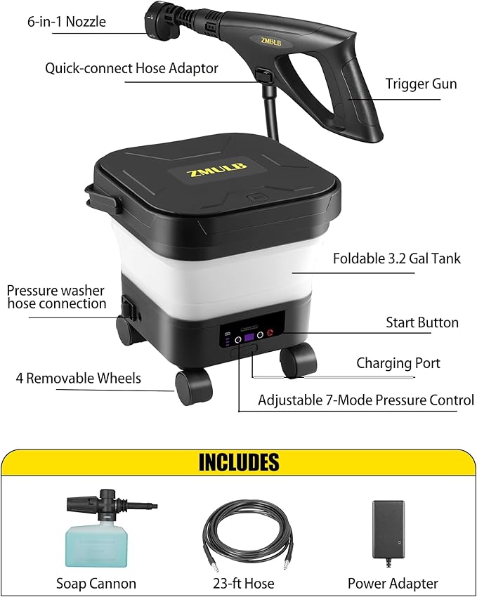 Portable Pressure Washer, Cordless Power Washer with 3.2Gal Water Tank, 522 Max PSI, 23FT Hose, 20000mAh Lithium Battery, 6 in 1 Nozzle, for Cars/Camping/Home/Outdoor