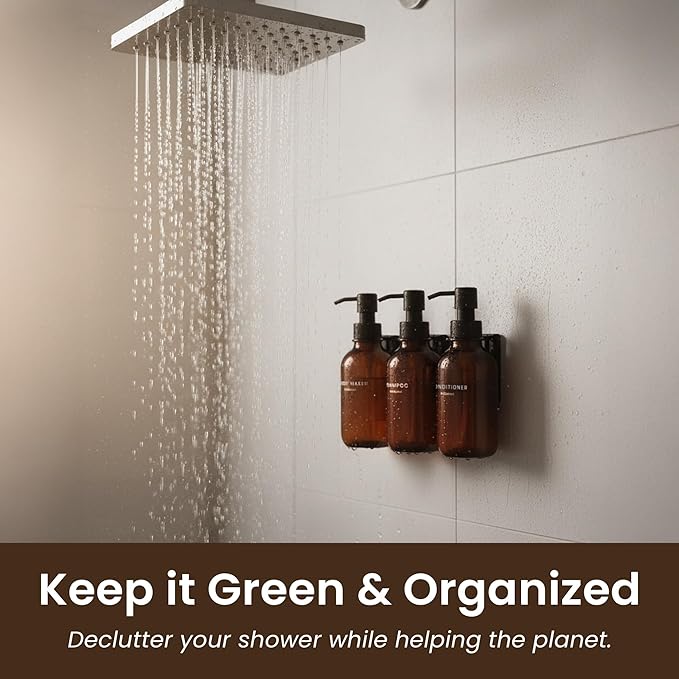 MaisoNovo Shampoo and Conditioner Dispenser - Shower Soap Dispenser Wall Mounted - 16.9 fl oz Set of 3 Amber Plastic Bottles Black Pump - 3 Chamber No Drill